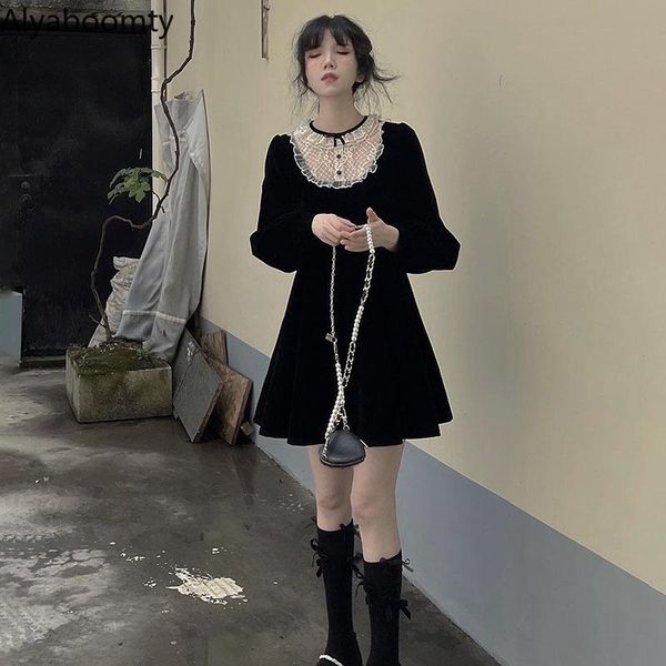 

casual dresses japanese harajuku women streetwear black mini dress o neck with lace ruffles bow velvet cute kawaii sweet gothic, Black;gray