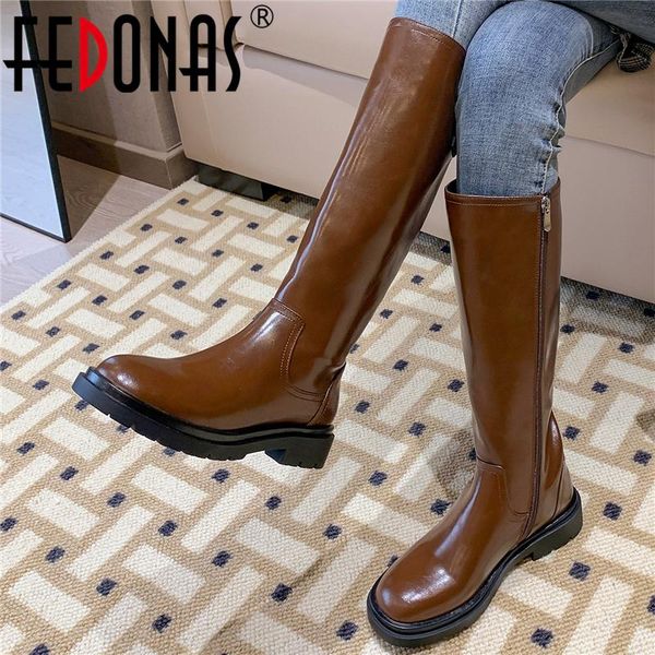 

boots fedonas round toe full genuine leather women knee-high fashion concise low heels cool classic shoes woman, Black