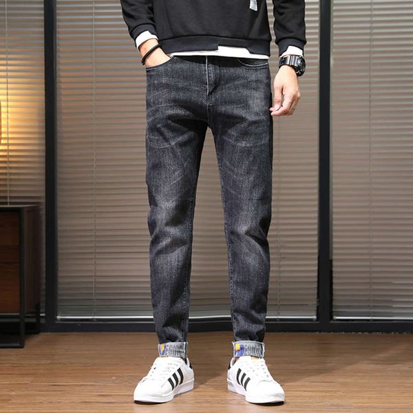 

autumn and winter new versatile jeans loose legged harem men's black grey stretch slim trendy pants, Blue