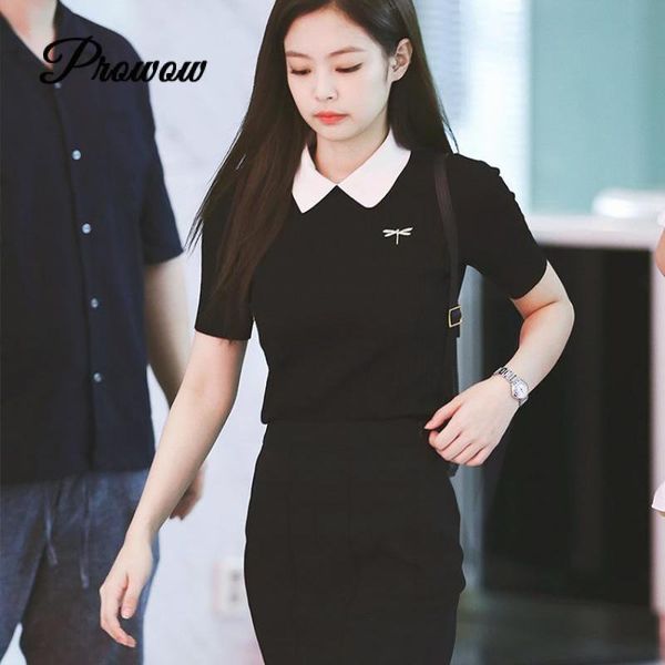 

women's t-shirt 2021 summer designer women clothes slim black knitted short-sleeved dragonfly embroidery white lapel casual tshirt tee