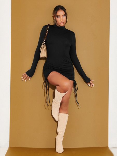 

ruched drawstring side mock neck bodycon dress y9lz#, Black;gray