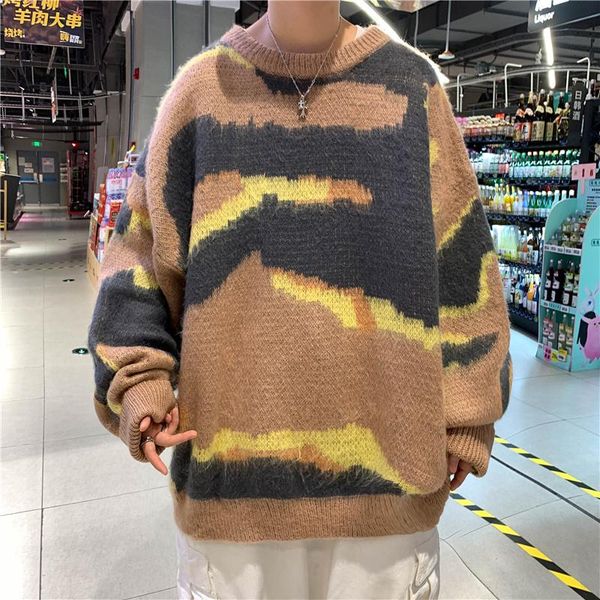 

men's sweaters autumn winter tie-dye sweater men warm fashion casual knitted pullover korean loose o-neck long-sleeved mens jumper, White;black