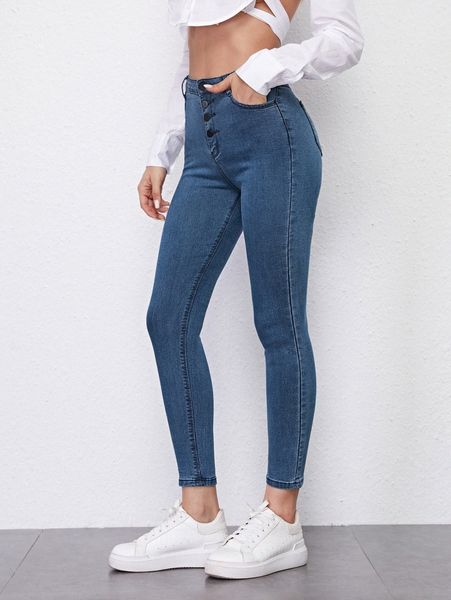 

button fly high stretch skinny jeans h0gl#, Blue
