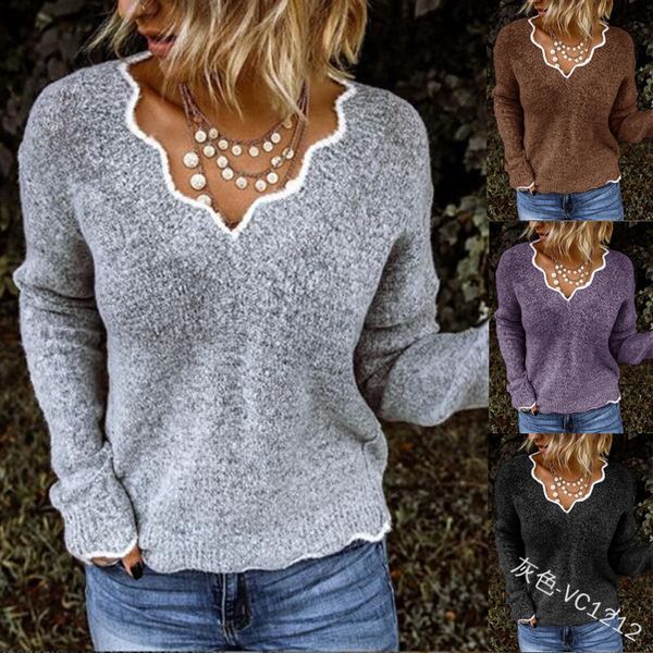

new autumn and winter ruffle deep v sweater fashion versatile, Gray;blue