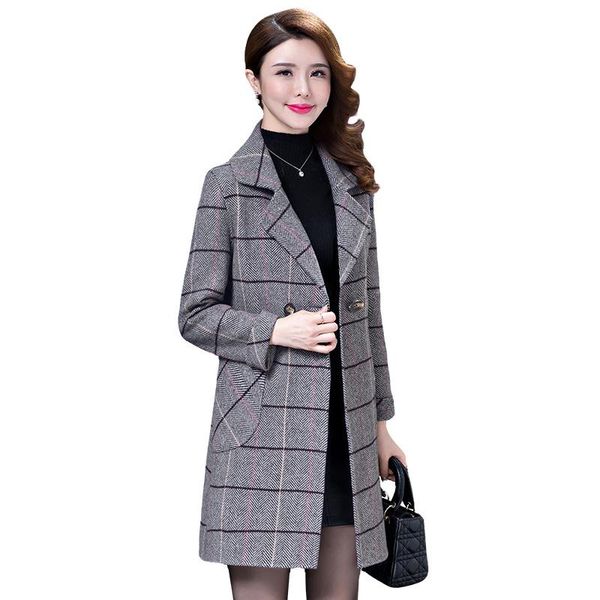 

women's wool & blends factory direct woolen coat 2021 autumn and winter middle-aged mother medium long section slim plaid, Black