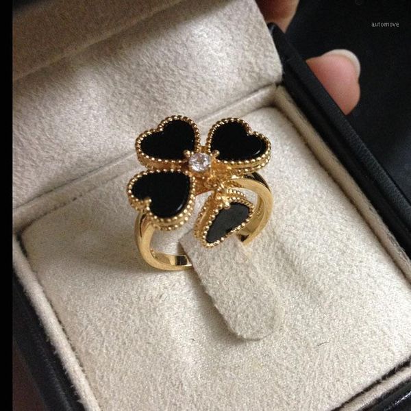 

bilincolor fashion black heart flower ring for women1, Golden;silver
