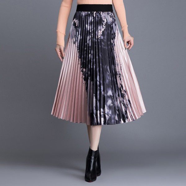 

2021 new fashion summer high waist ink printing long pleated skirts womens vintage women midi skirt nrkp, Black