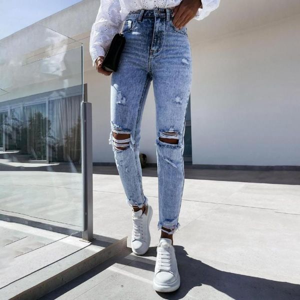 

women's jeans women ripped holes pockets summer autumn high waist straight cropped denim pants streetwear, Blue