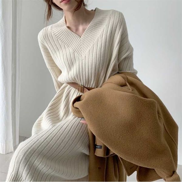 

autumn sweater women dress winter long sleeve sweaters knitted dresses loose maxi oversize knitting robe vestido 211110, Black;gray