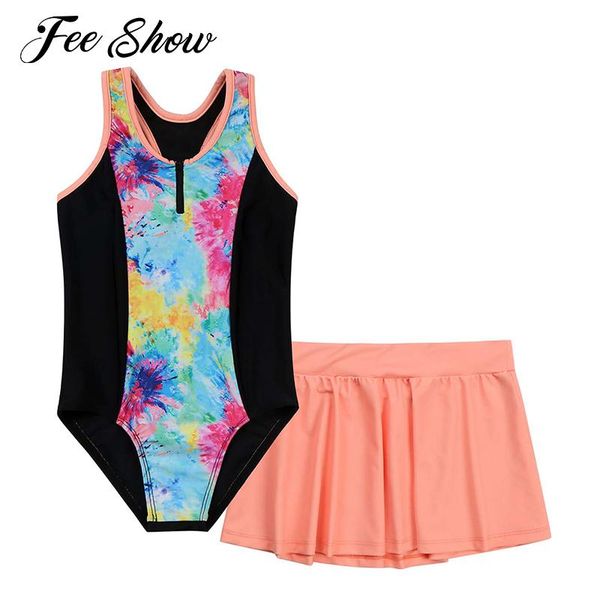 

one-pieces kids girls swimwear bathing suit beach suits round neck sleeveless racer back keyhole jumpsuit and skirt set, Black