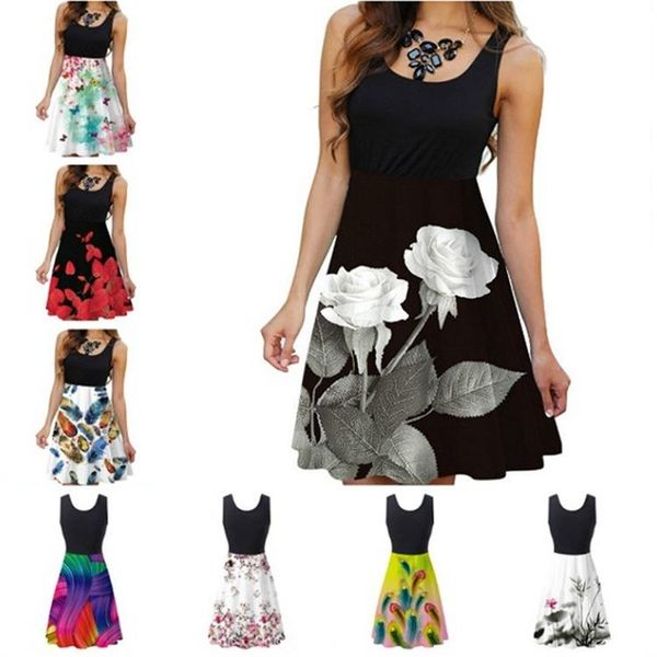 

casual dresses women's dress 2021 rose print sleeveless summer o-neck loose mini vestidos, Black;gray