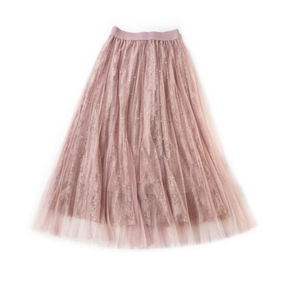 

skirts autumn winter women lace vintage high waist stretchy patchwork blue pink chic long tulle a-line skirt for student, Black