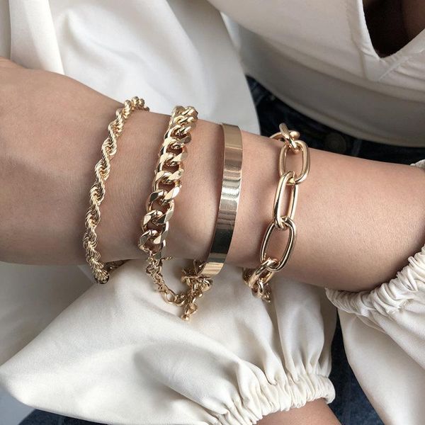 

link, chain aomu punk 4pcs/set multilayer gold metal bracelet snake bone wide bangle for women vacation party accessories, Black