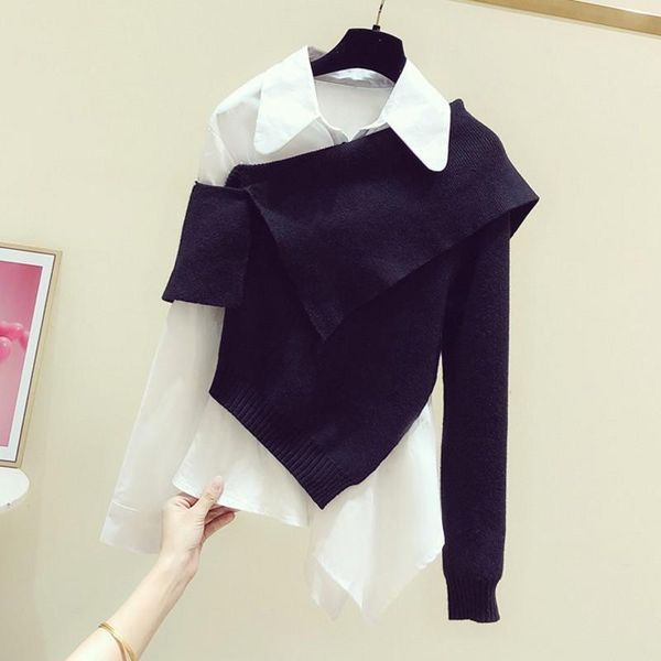 

irregular turn-down collar slim long sleeve female blouses 2021 new autumn winter clothing for women black and white knitted top