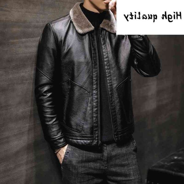 

men's 2021 winter pu locomotive coat hair collar and plush fur one piece leather jacket, Black;brown