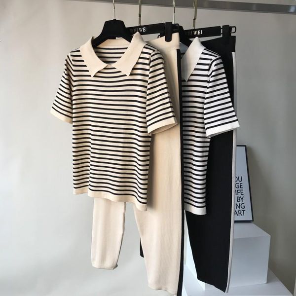 

summer 2021 fashion tracksuits woment striped knit pants suit casual knitted short-sleeved t-shirt long pants 2 piece sets, Gray