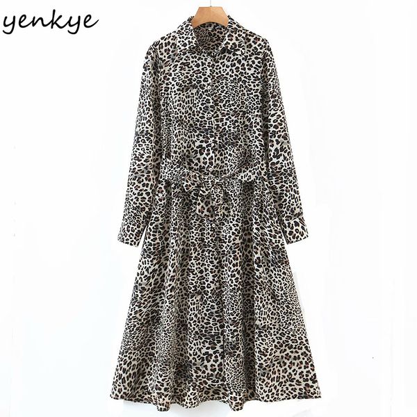 

new spring 2021 women animal print female lapel collar long sleeve sashes loose casual plus size midi vestido ha6f, Black;gray