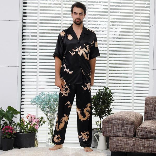 

male summer stain silk chinese dragon print pajamas set mens short sleeve trousers pajamas couple thin home nightclothes, Black;brown