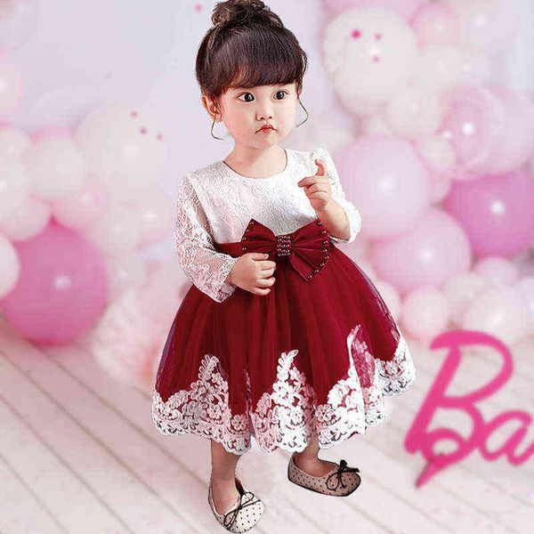 

2021 summer clothes baby girl dress long sleeve 2 1st birthday dress for girl frock party princess baptism dress infant flower g1129, Red;yellow