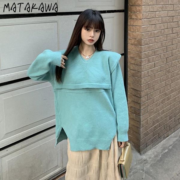 

matakawa loose outer wear v-neck sweater women autumn and winter korean fashion pullover open end bottoming woman sweaters, White;black
