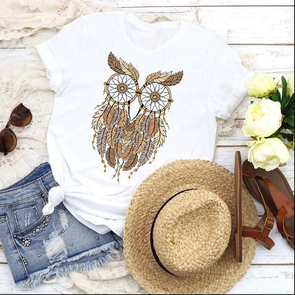 

women graphic vintage owl animal feather kawaii casual fashion tees print t shirt clothing female shirt womens t shirt, White