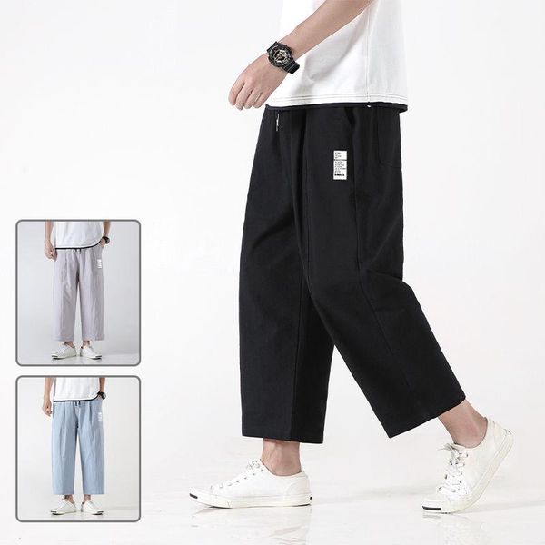 

summer japanese casual pants men's korean fashion oversized cotton and linen wide-leg pants men's streetwear ankle-length, Black