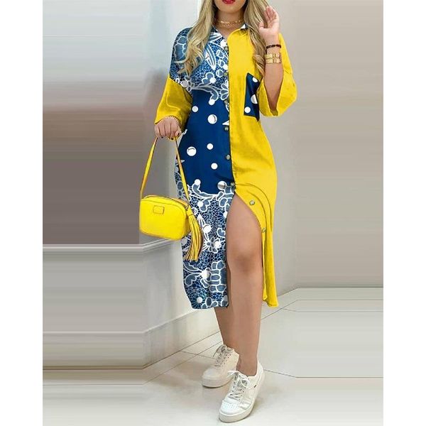 

casual dresses spring summer lapel long shirt dress women loose plus size tide vintage contrast splicing temperament sleeve, Black;gray