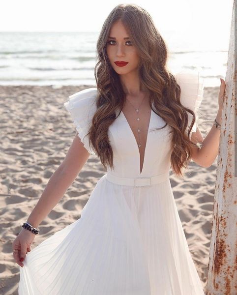 

new beach 2021 wedding es chic boho bohemian cap sleeve bridal gowns plus size said mhamad middle east pleats custom made 8osk, White