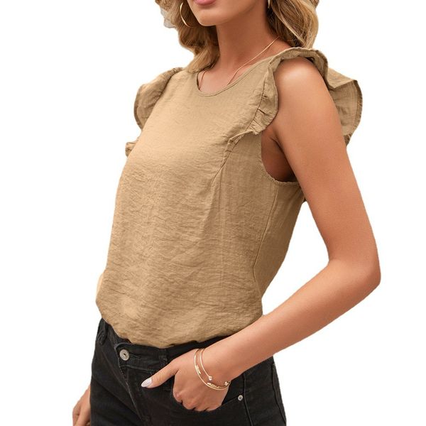 

2021 summer simple temperament lotus leaf sleeve round neck short women, White