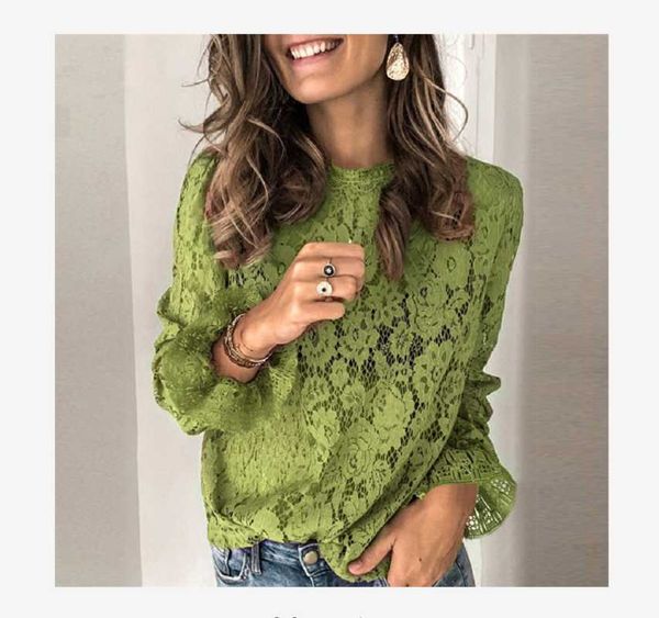 

women's t-shirt large size wear spring and autumn trumpet sleeve long hollow lace fashion round neck, White