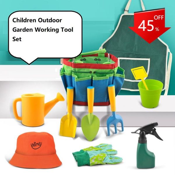 

professional hand tool sets kids gardening set, designed for kids, stem, tote bag, spade, watering can, rake, fork, trowel, gloves