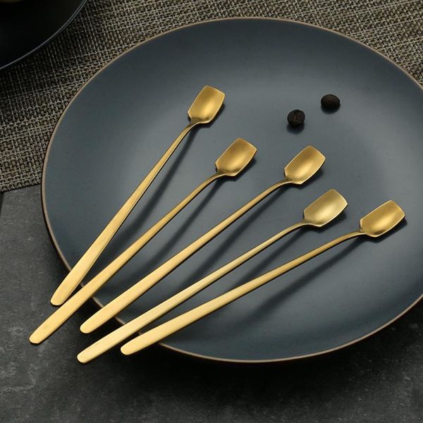

small glod silver stainless steel square coffee spoon for yogurt ice cream dessert long square spoon cutlery home