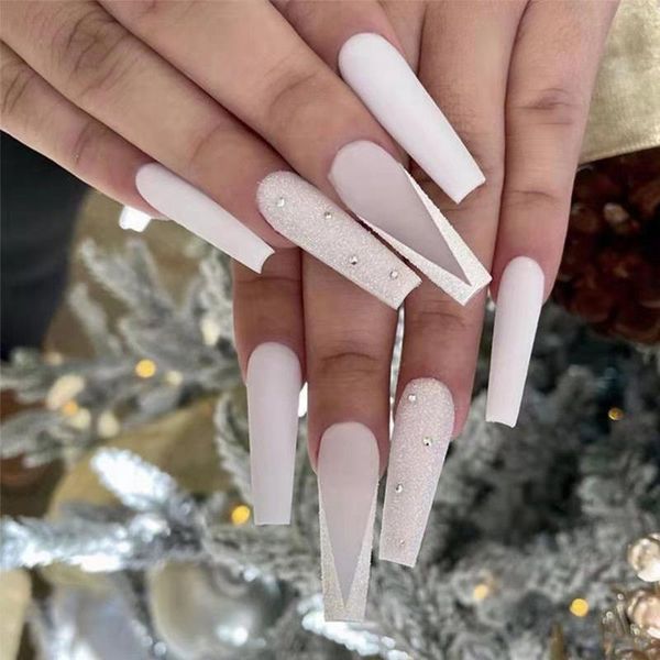 

false nails 24pcs/box frosted v-shaped french wearable white long coffin press on ballerina fake, Red;gold