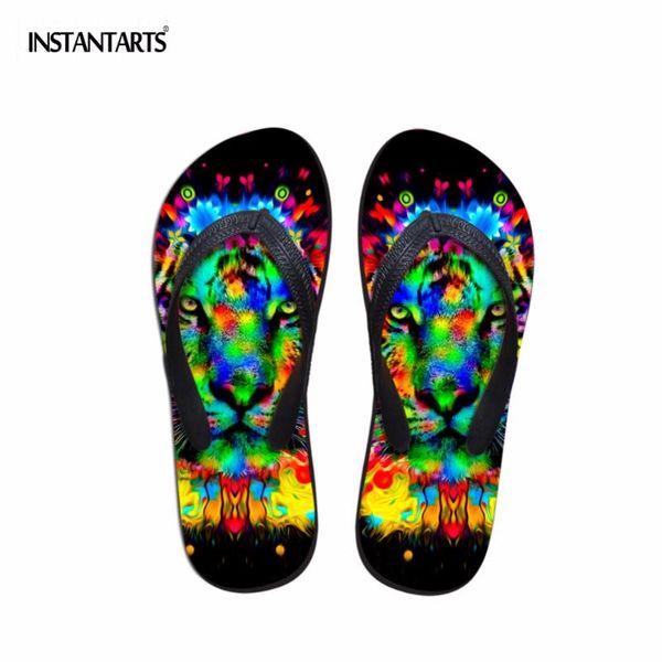 

slippers instantarts colorful animal lion tiger cat pattern women summer flip flops woman fashion light comfy ladies flats shoes, Black
