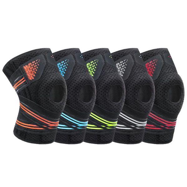 

1pcs silicone padding knee brace 6 spring support hole knee protector for sports mountaining hiking cycling patella brace, Black;gray