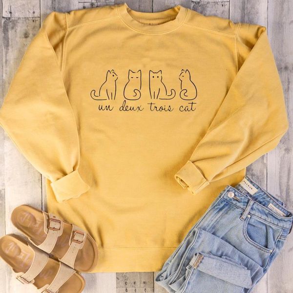 

un deux trois cat crewneck sweatshirt women four cats graphic harajuku hoodie long sleeve pullover yellow clothing drop shipping, Black