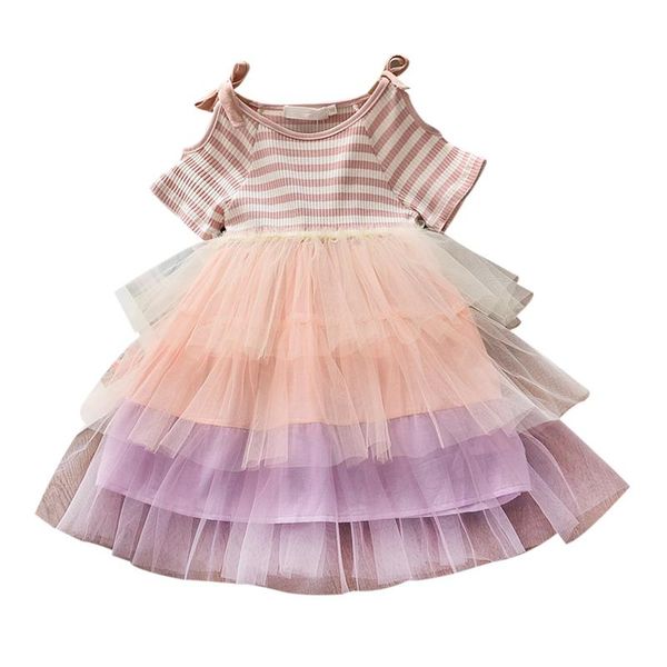 

ax1083 girls stitching cake dress, children's solid color striped dress, girl princess dress, Red;yellow