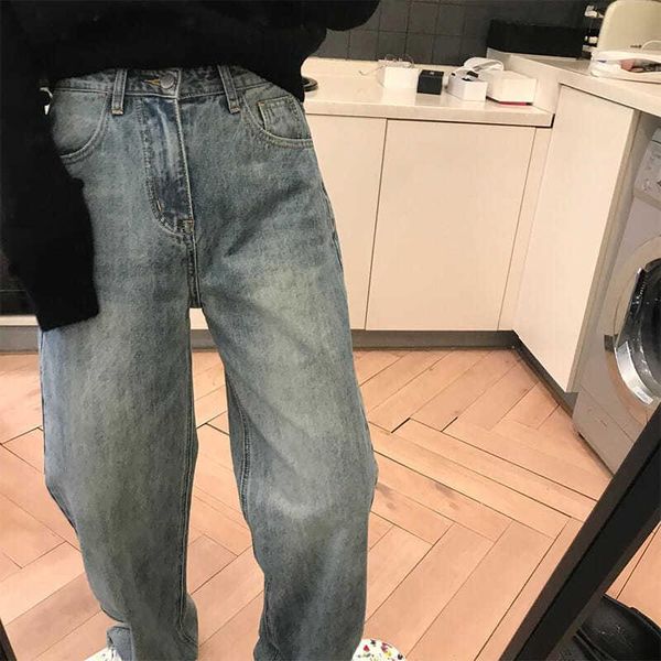 

woman jeans pants blue high waist straight loose casual long pants
