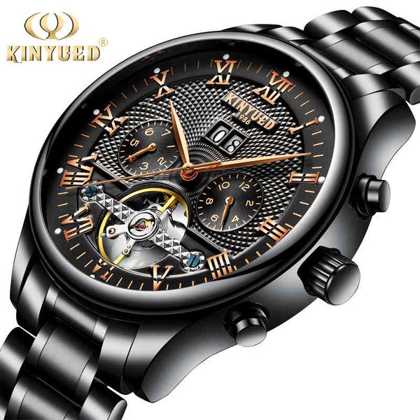 

kinyued mens perpetual kalender automatische mechanische horloges saffier roestvrij staal skeleton horloge mannen zwart reloj hombre 2021, Slivery;brown