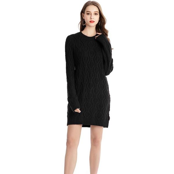 

casual dresses elegant pullovers office ladies long sweater women sleeve thick autumn winter knitted dress os259, Black;gray