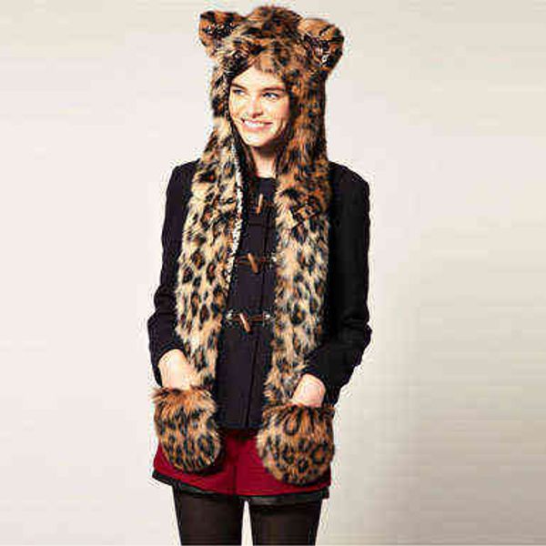 

fashion hat scarf glove integrated animal hat imitation fur plush cartoon 211207, Black