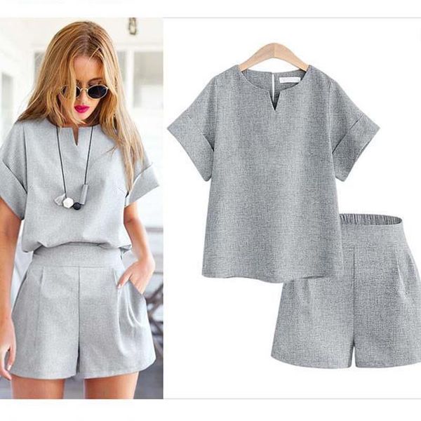 

women's large size loose thin short-sleeved shirt suit, Gray
