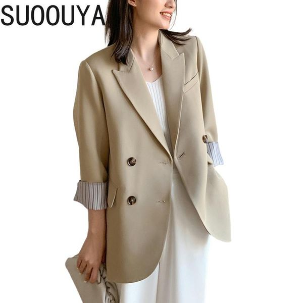 

[suoouya] women long sleeve double breasted striped khaki blazer new notched loose fit jacket fashion spring autumn coat 2021, White;black