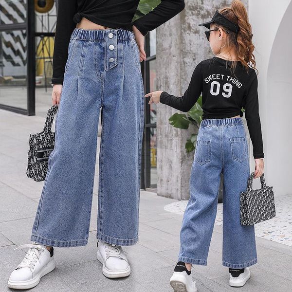 

2021 spring autumn kid girls fashion loose casual long flare denim pants children clothing elastic high waist jeans trousers c22, Blue