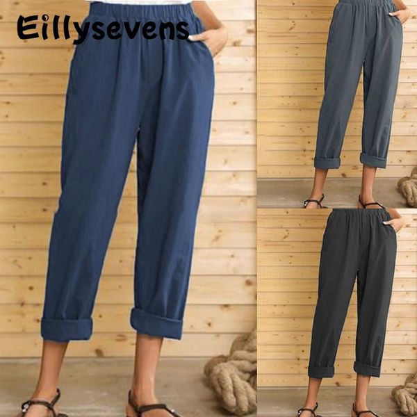 

women's pants & capris women summer casual pure color elastic waist linen pockets ankle cotton and breathable pocket pencil 4p3, Black;white