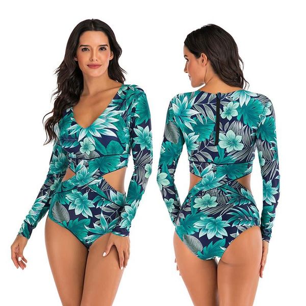 

womens long sleeve rash guard printed zipper surfing one piece swimsuit bathing suits for women