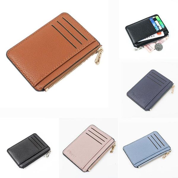 

card holders 1pcs slim women holder pu leather zipper business case men credit mini cards wallet, Brown;gray