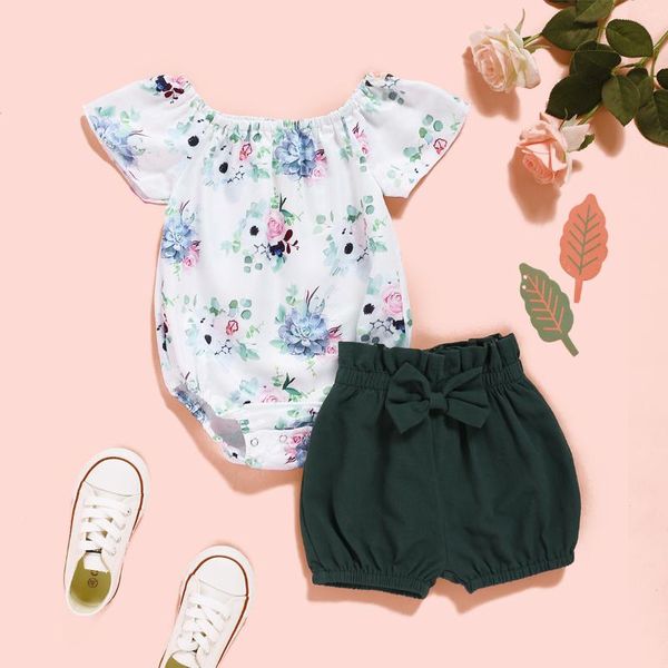 

infant girl summer clothes baby girl blue flower short sleeve romper and solid green pants baby outfits set, White