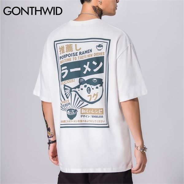 

gonthwid puffer fish ramen print short sleeve t shirts harajuku hip hop casual streetwear tees shirt mens summer fashion to 210716, White;black
