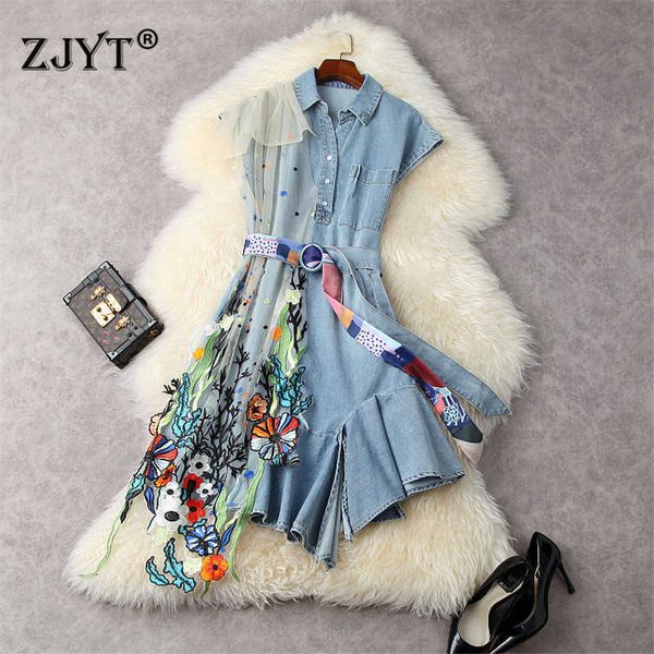 

elegant short sleeve embroidery gauze patchwork summer asymmetrical denim dress women designers knee length casual robe femme 210601, Black;gray
